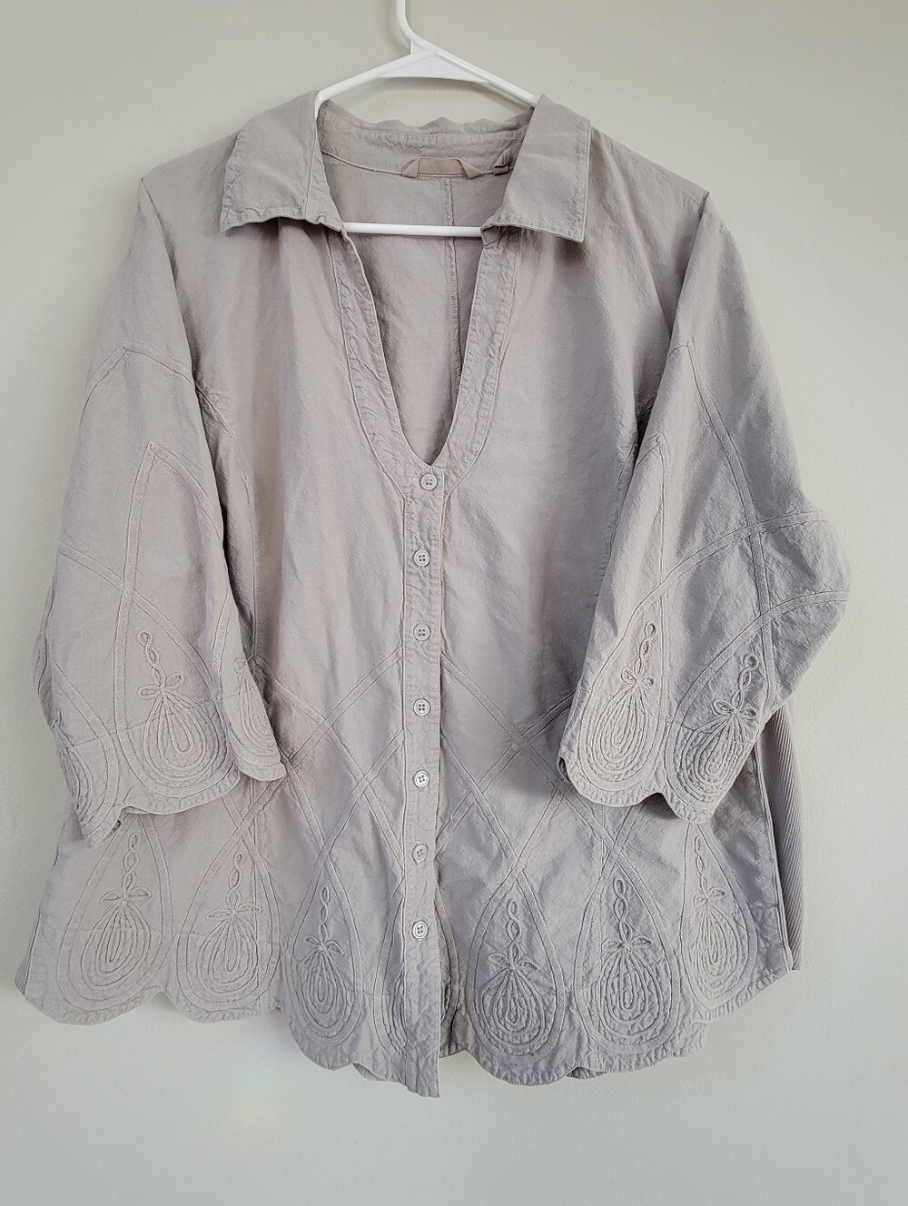 Soft Surroundings Gray Embroidered Relaxed Top Women Size 2X Coastal Boho Comfy
